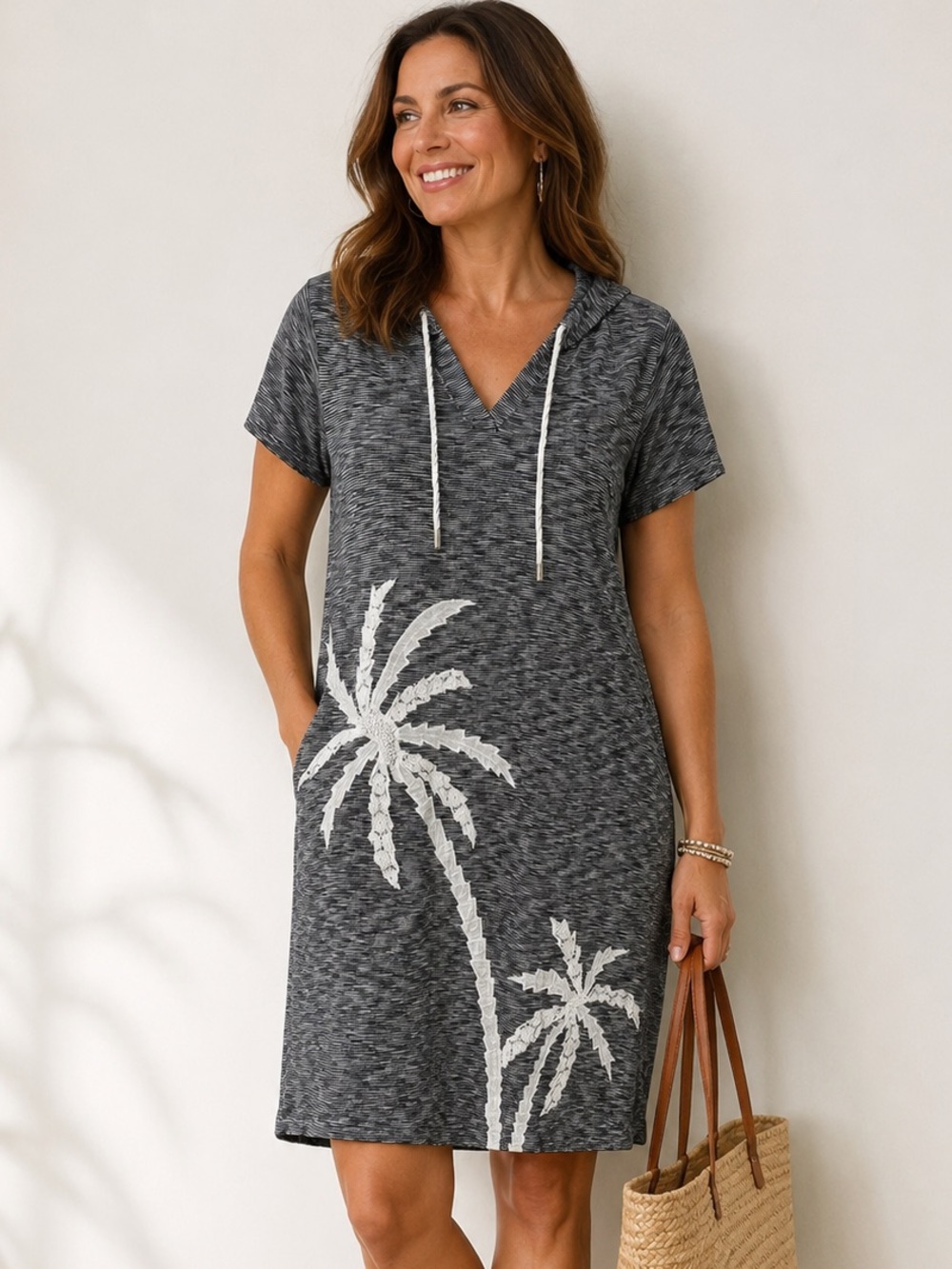 Chico’s Size 0 Black White Striped Palm Tree Embroidered Hooded Dress